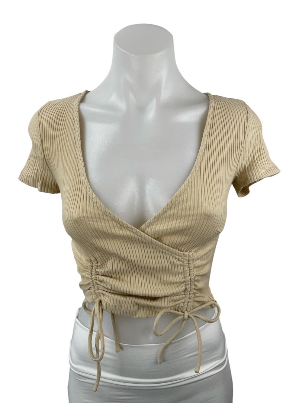 Princess Polly Carmend Beige Ribbed Ruched V Neck Suplice Wrap Crop Blouse Top 0